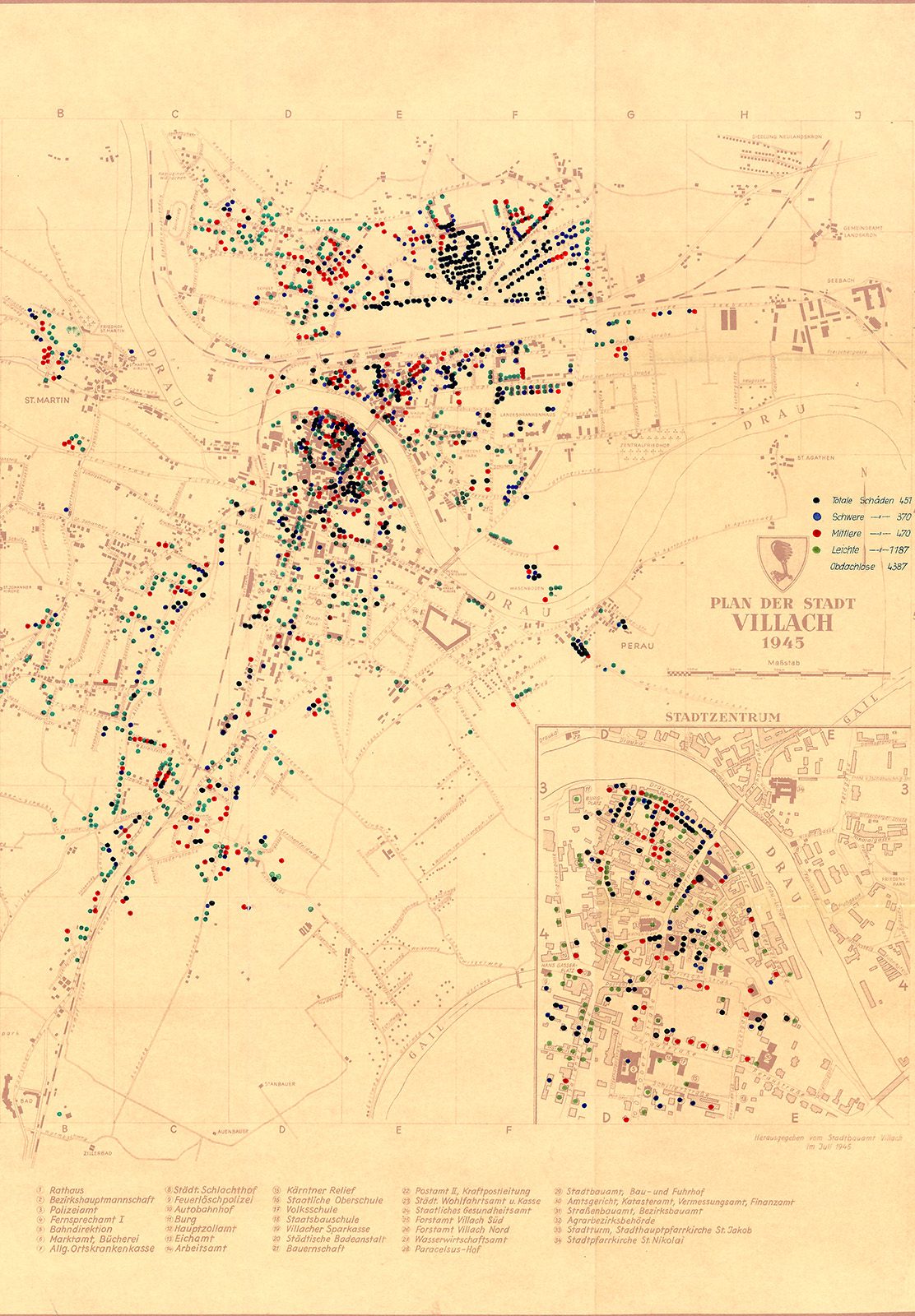 Stadtbauamt Villach, Bombentrefferkarte der Stadt Villach, Juli 1945, Stadtarchiv Villach – Stadtarchiv Villach